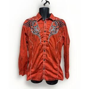 Roar Mens Medium Western Embroidered Shirt Orange Button Up Rock Biker